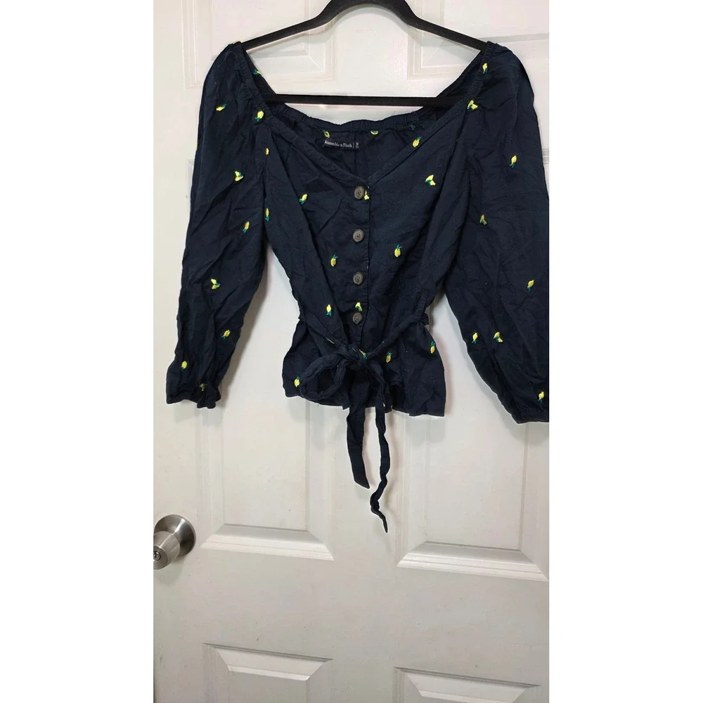 Abercrombie & Fitch Lemon Embroidered‎ Top Womens M Navy Blue Tie Waist Blouse